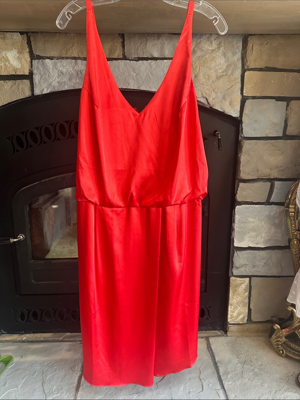 The Letter Red Satin V-Neck Midi Slip Dress